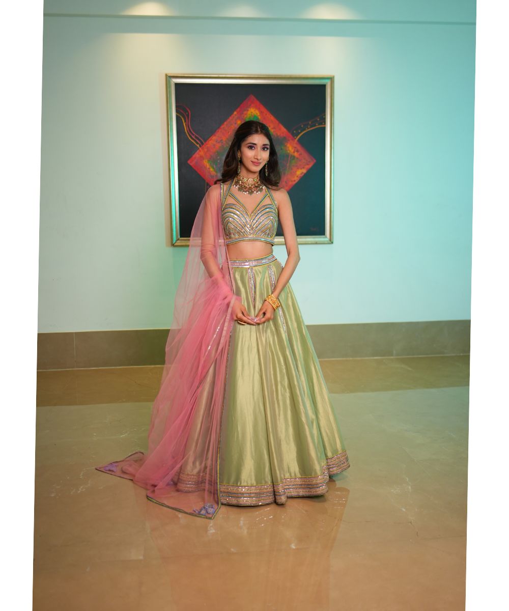 AASTHA SOOD - Green silk tissue Lehenga with Colorful Geometric Embroidery